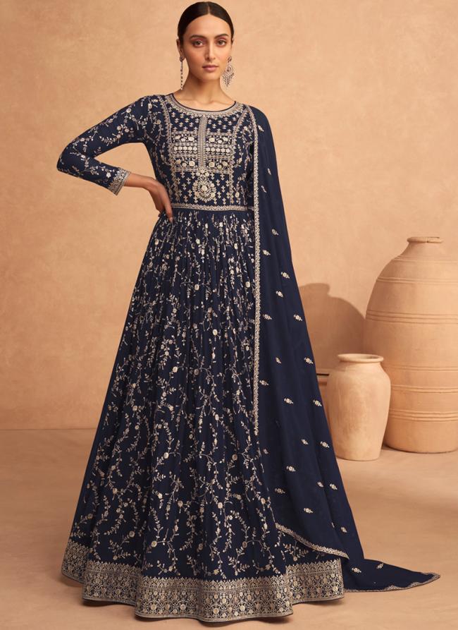 Georgette Navy Blue Wedding Wear Embroidery Work Anarkali Suit